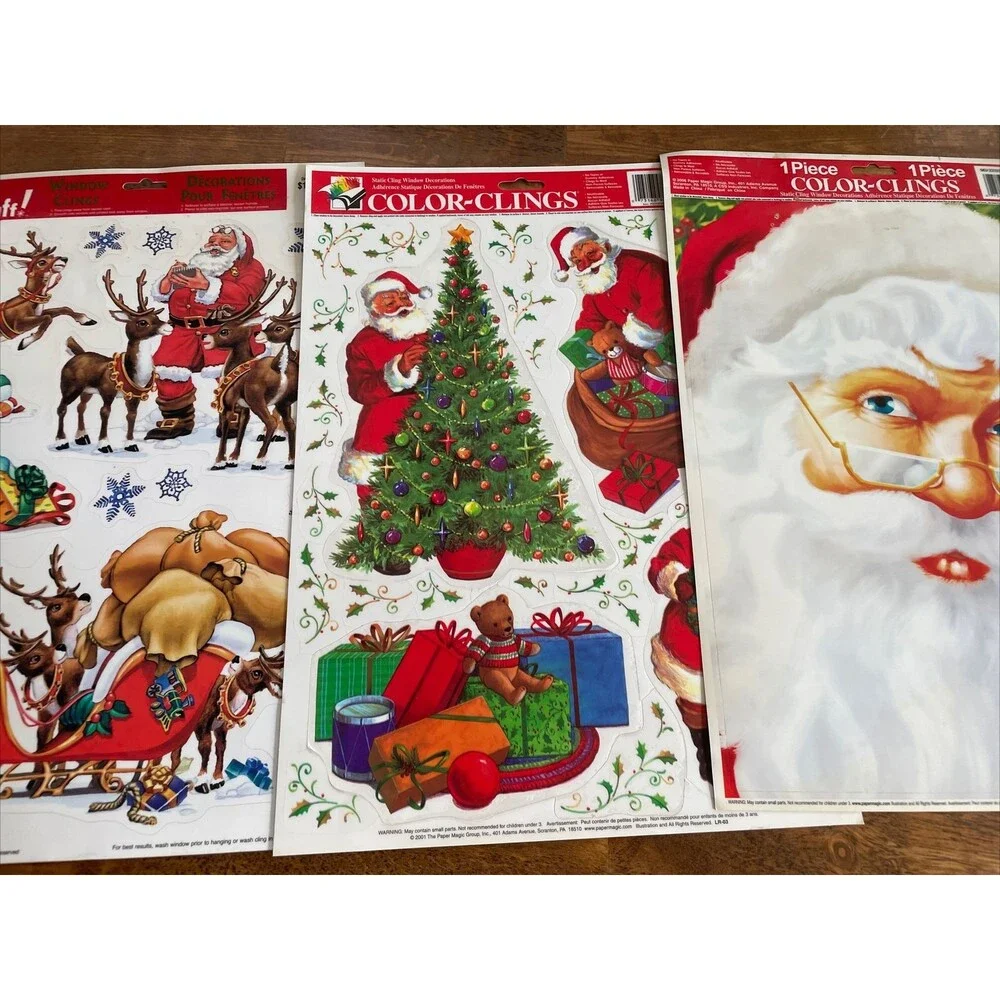 3 Vintage Christmas Vinyl Window Clings Santa Face Reindeer Sleigh Presents CUTE
